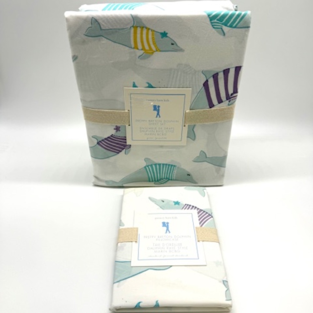 Pottery Barn Kids Preppy Breton Dolphin Queen Sheet Set~Extra Pillowcase~FUN